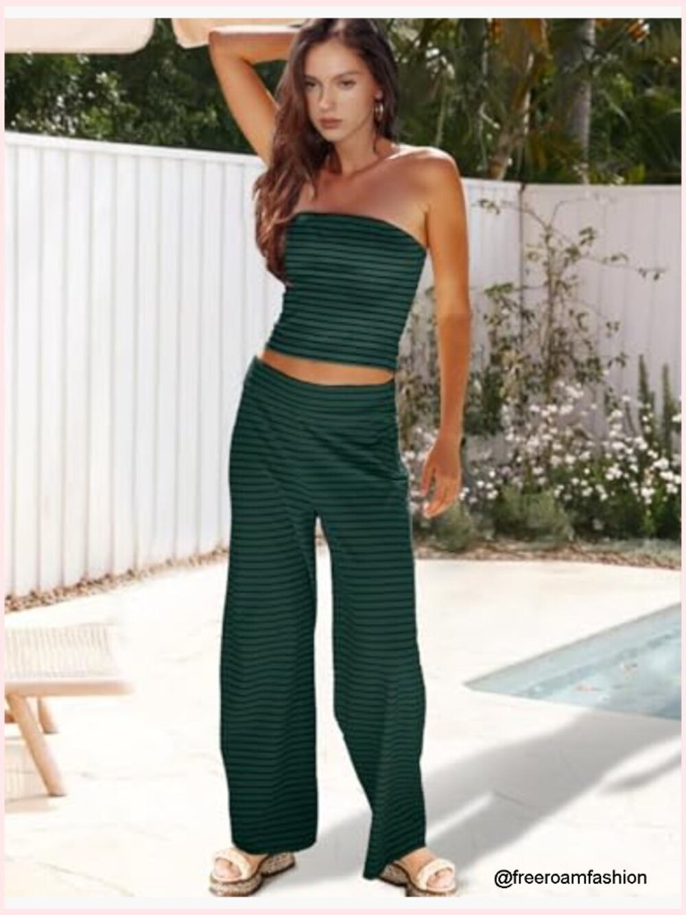 Women's Two Piece Striped Lounge Set Strapless Tube Top and Wide Leg Pants - Picture 4 of 7
